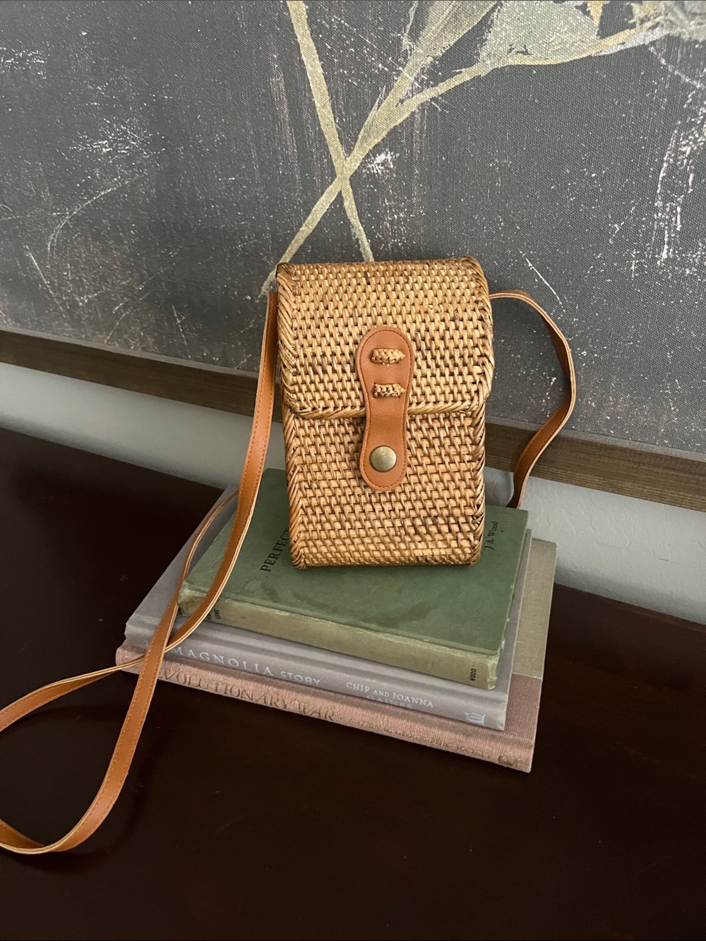 Woven Rattan Crossbody Bag - Tan